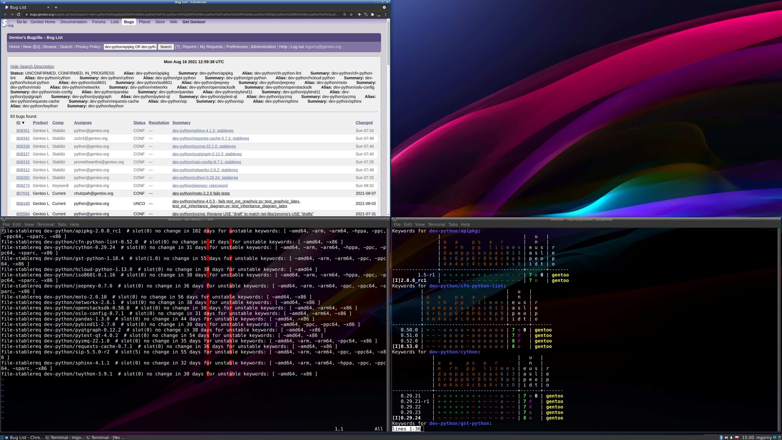 Screenshot of desktop with the described three windows open